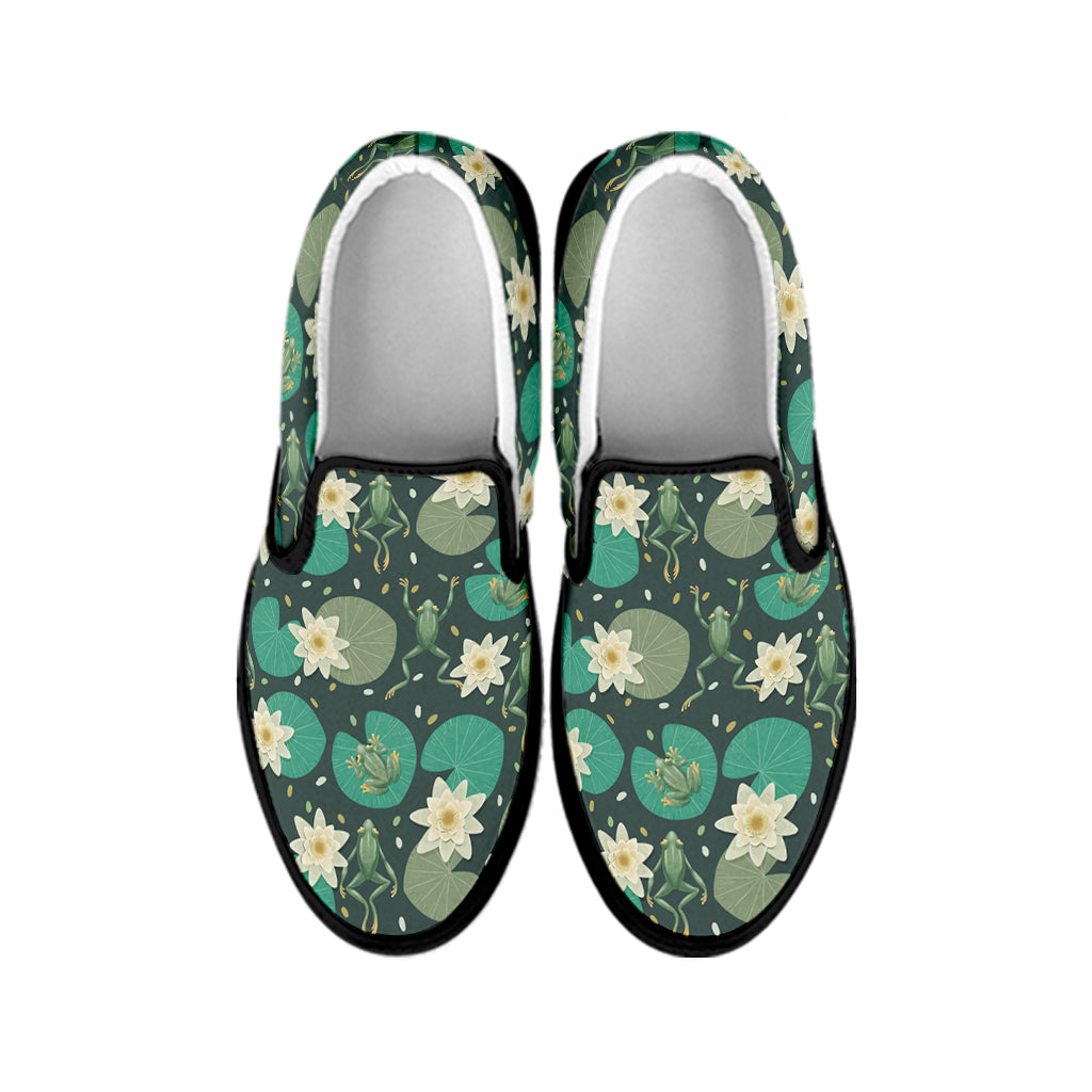 Frogs And Water Lilies Pattern Print Black Slip On Shoes