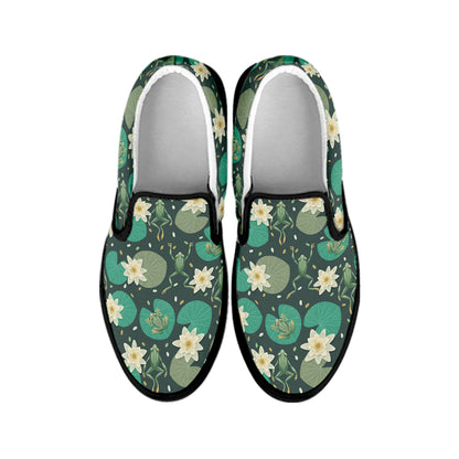 Frogs And Water Lilies Pattern Print Black Slip On Shoes