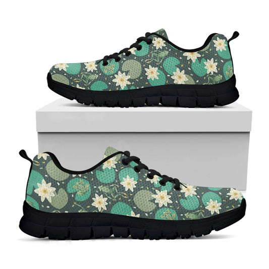 Frogs And Water Lilies Pattern Print Black Sneakers
