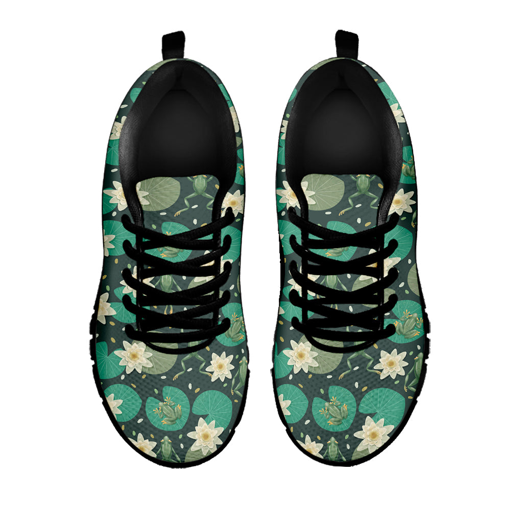 Frogs And Water Lilies Pattern Print Black Sneakers