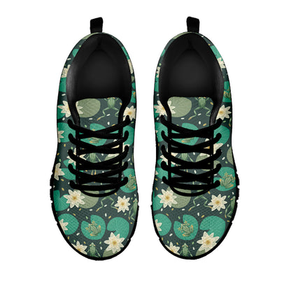 Frogs And Water Lilies Pattern Print Black Sneakers