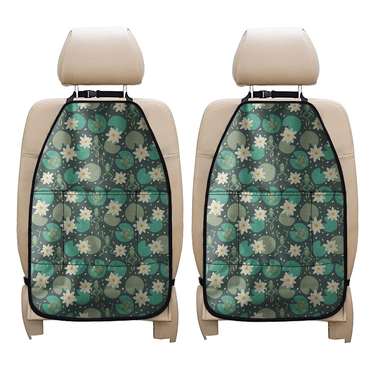 Frogs And Water Lilies Pattern Print Car Seat Organizers