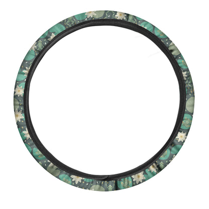 Frogs And Water Lilies Pattern Print Car Steering Wheel Cover