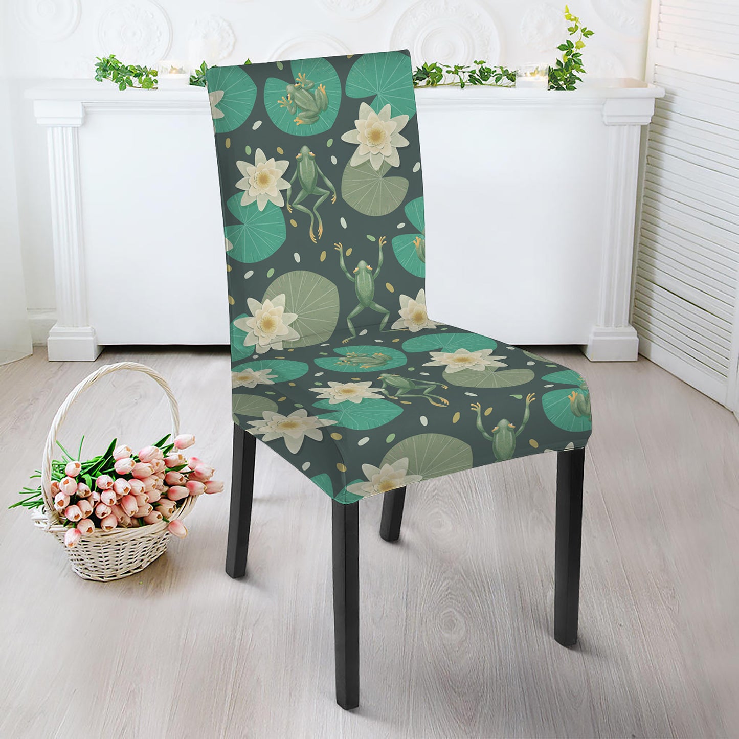 Frogs And Water Lilies Pattern Print Dining Chair Slipcover