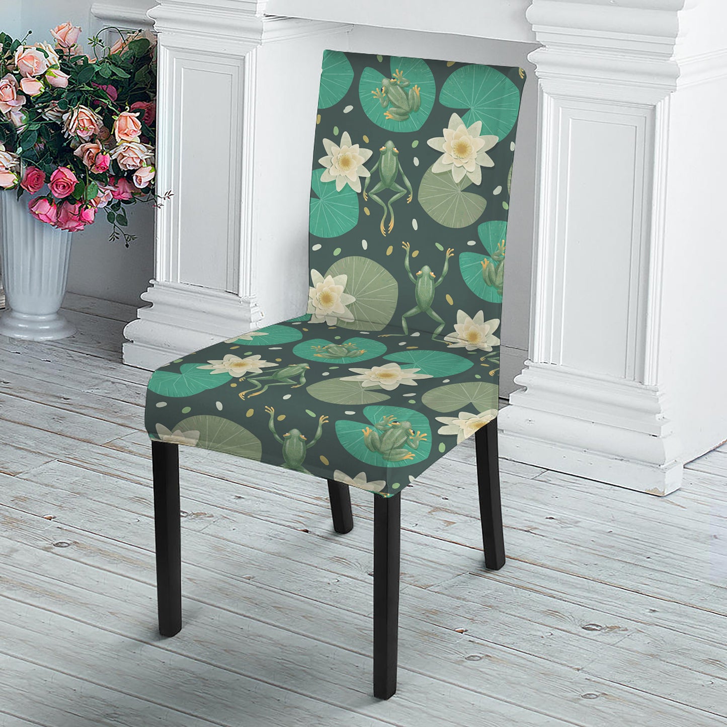 Frogs And Water Lilies Pattern Print Dining Chair Slipcover