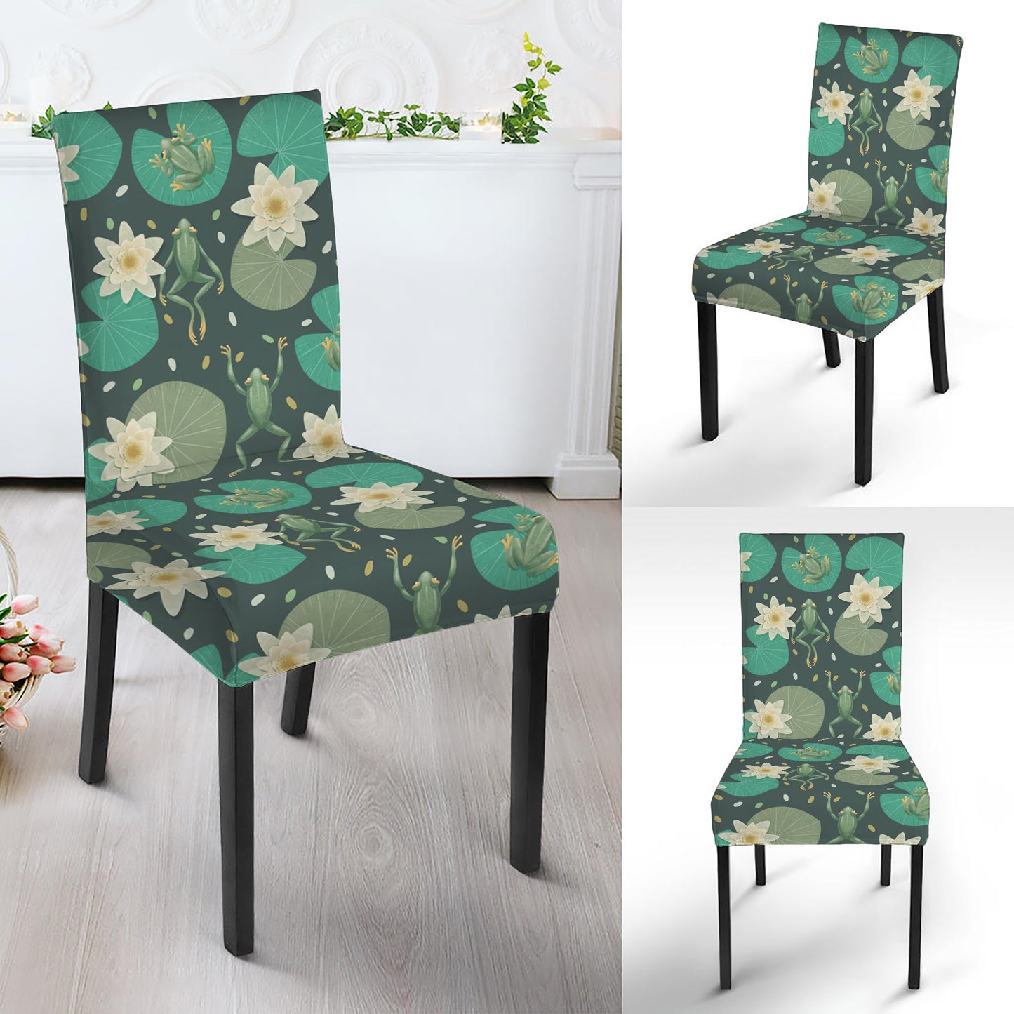 Frogs And Water Lilies Pattern Print Dining Chair Slipcover