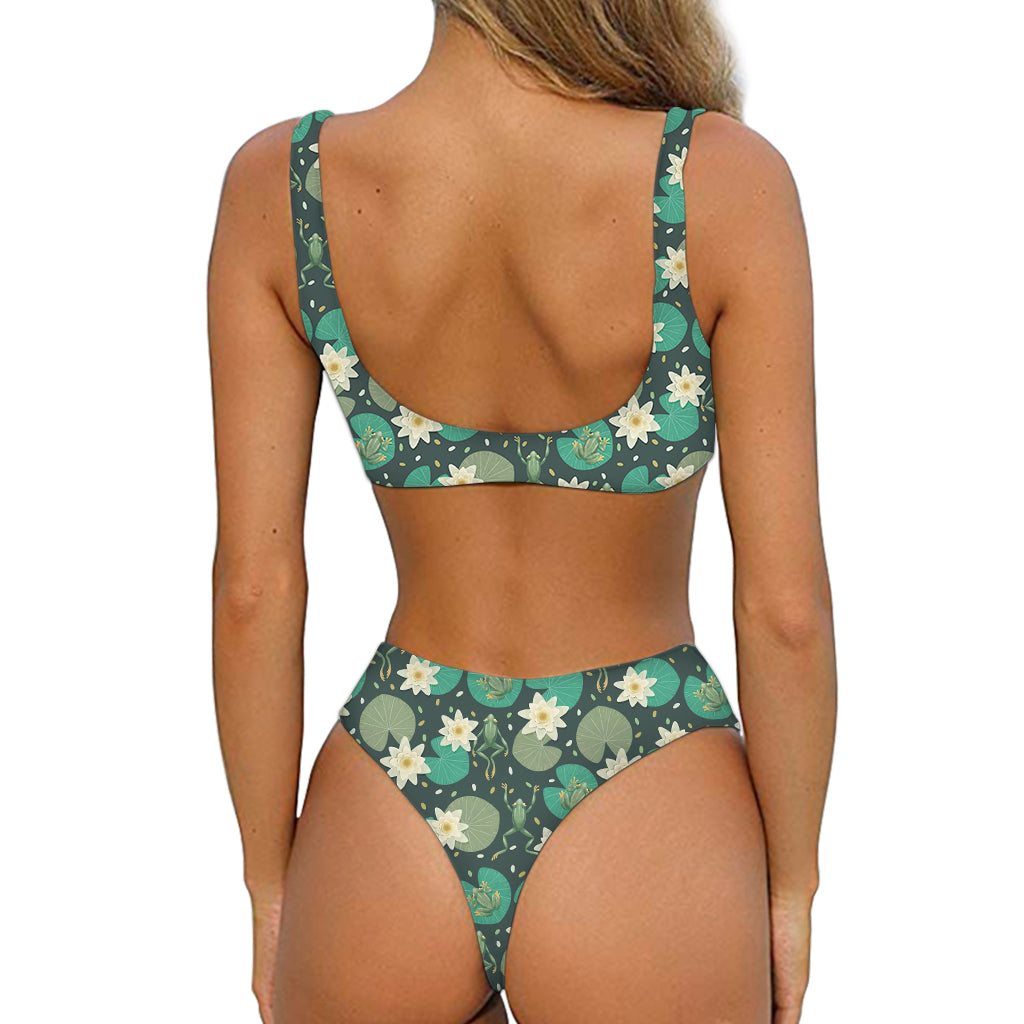 Frogs And Water Lilies Pattern Print Front Bow Tie Bikini