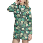 Frogs And Water Lilies Pattern Print Hoodie Dress
