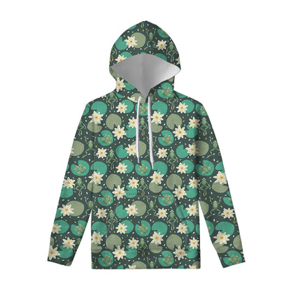 Frogs And Water Lilies Pattern Print Pullover Hoodie