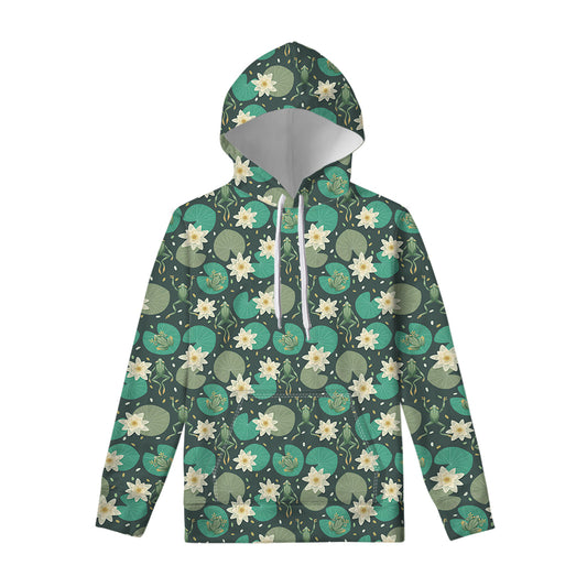 Frogs And Water Lilies Pattern Print Pullover Hoodie