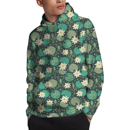 Frogs And Water Lilies Pattern Print Pullover Hoodie