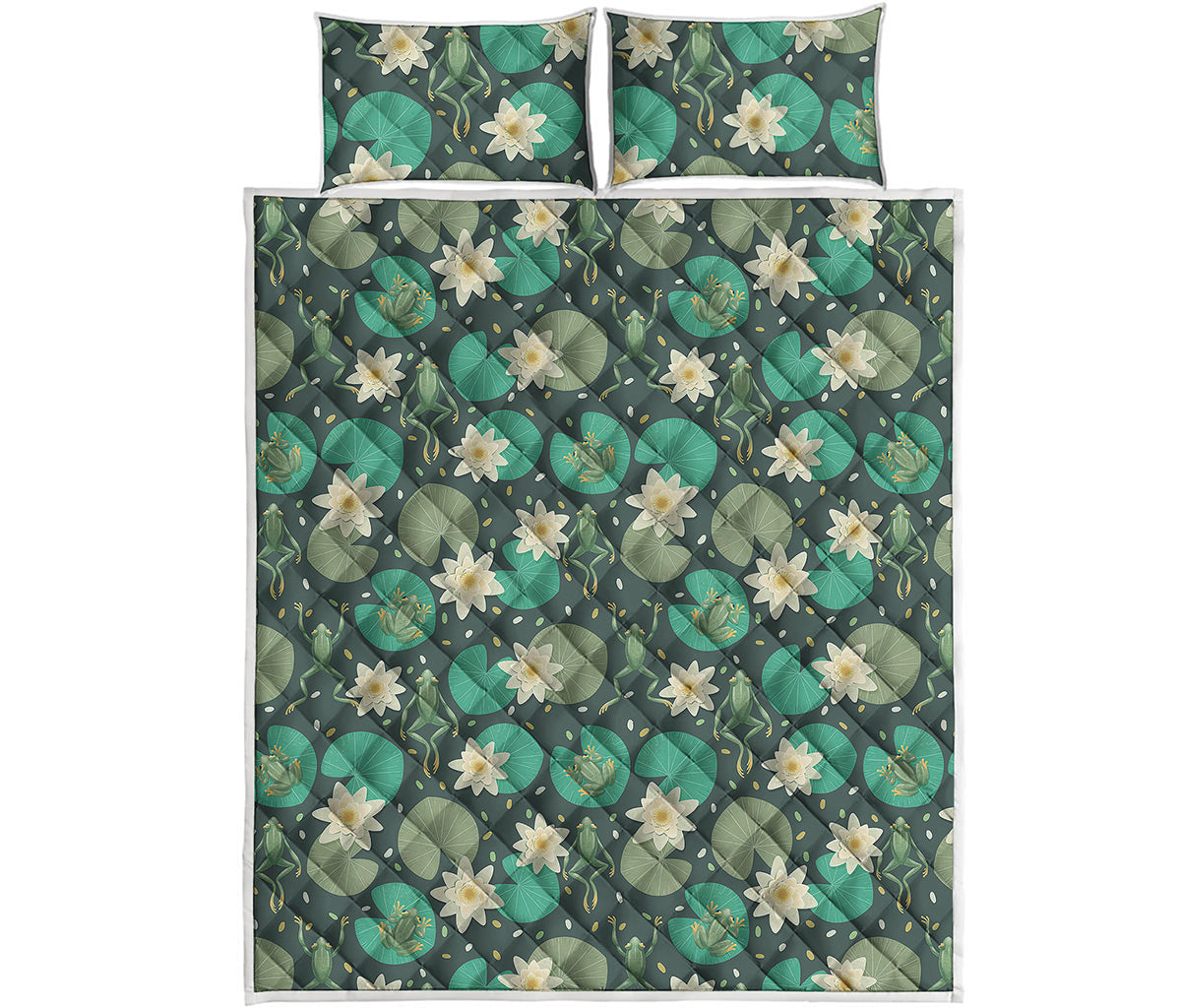 Frogs And Water Lilies Pattern Print Quilt Bed Set