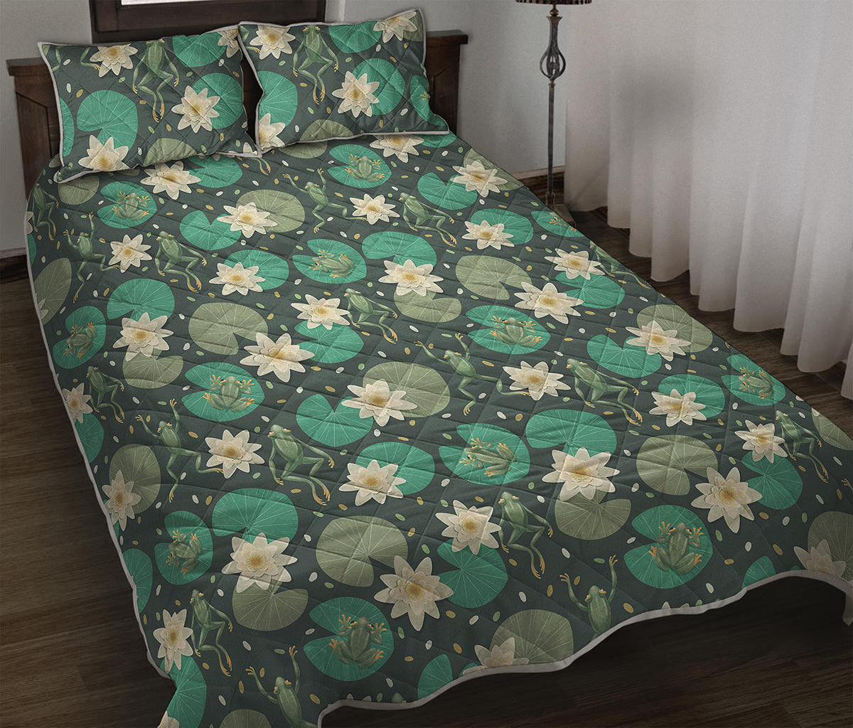 Frogs And Water Lilies Pattern Print Quilt Bed Set