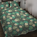 Frogs And Water Lilies Pattern Print Quilt Bed Set