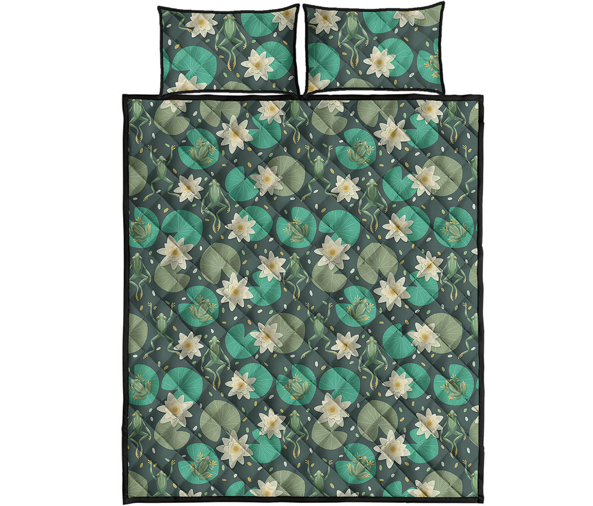Frogs And Water Lilies Pattern Print Quilt Bed Set