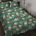 Frogs And Water Lilies Pattern Print Quilt Bed Set