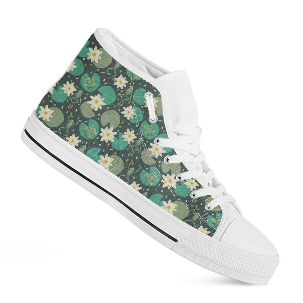 Frogs And Water Lilies Pattern Print White High Top Shoes