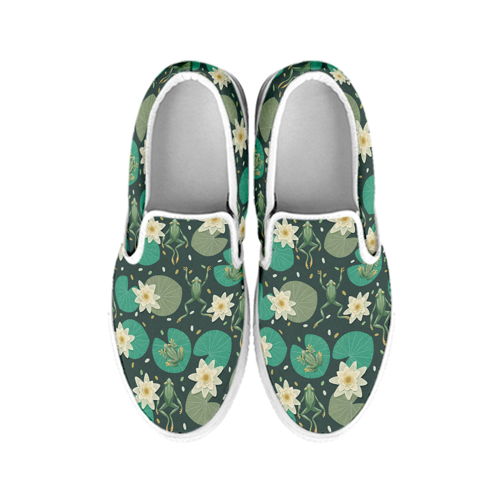 Frogs And Water Lilies Pattern Print White Slip On Shoes
