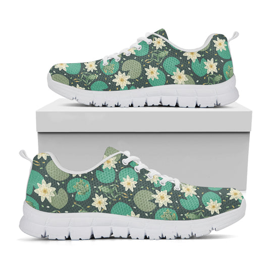 Frogs And Water Lilies Pattern Print White Sneakers