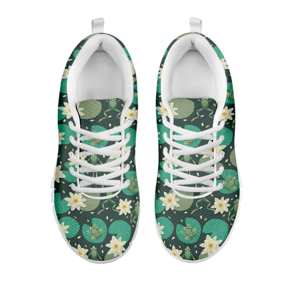 Frogs And Water Lilies Pattern Print White Sneakers