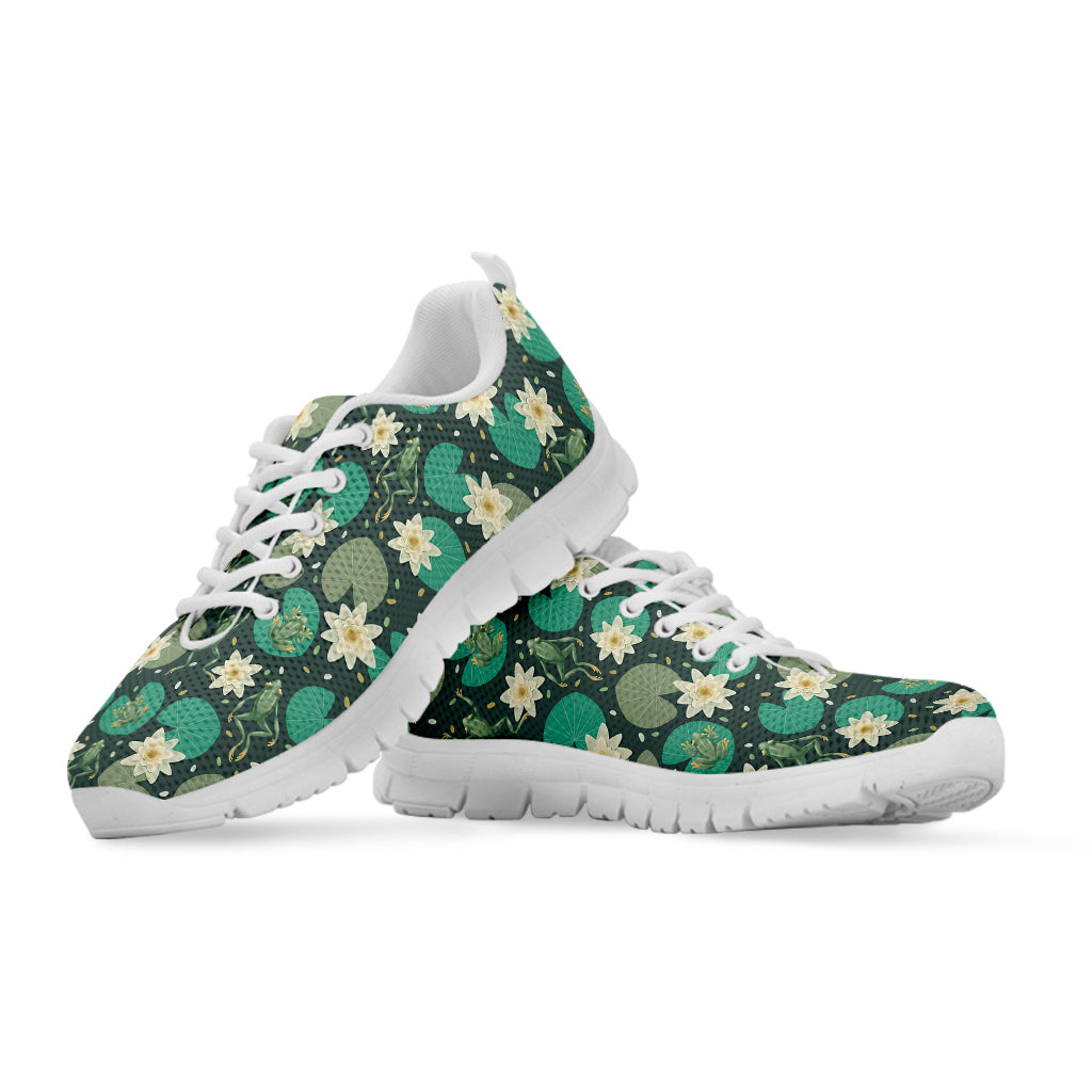Frogs And Water Lilies Pattern Print White Sneakers