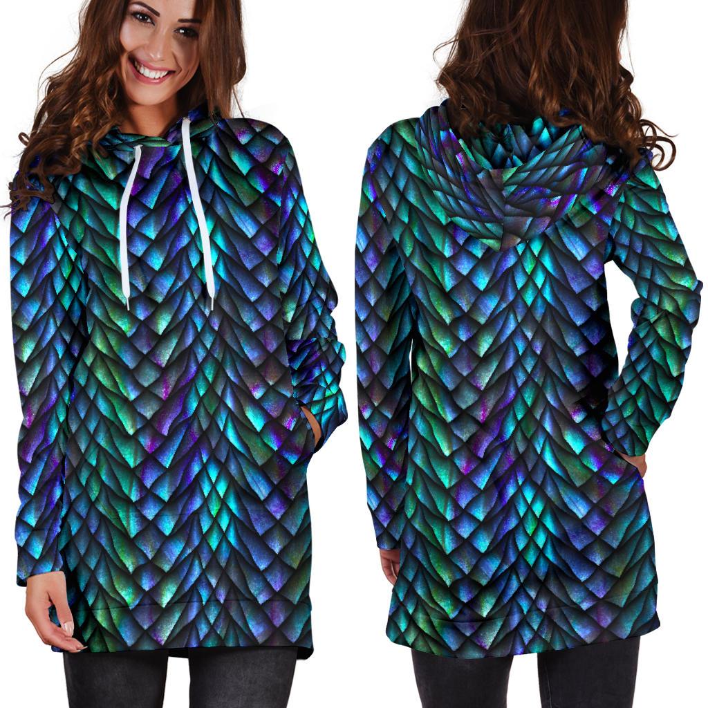 Turquoise Dragon Scales Pattern Print Pullover Hoodie Dress