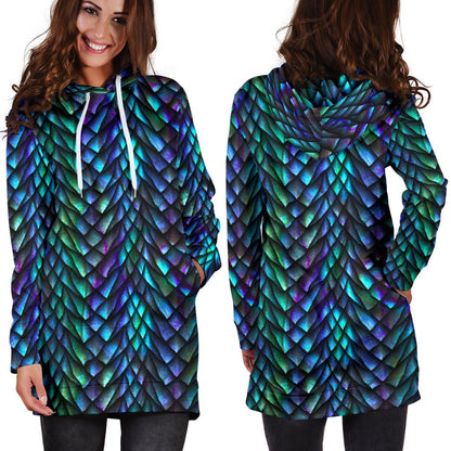 Turquoise Dragon Scales Pattern Print Pullover Hoodie Dress