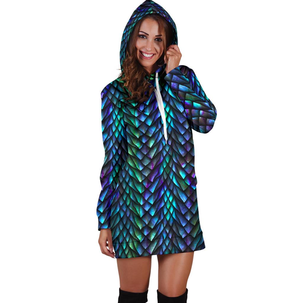 Turquoise Dragon Scales Pattern Print Pullover Hoodie Dress