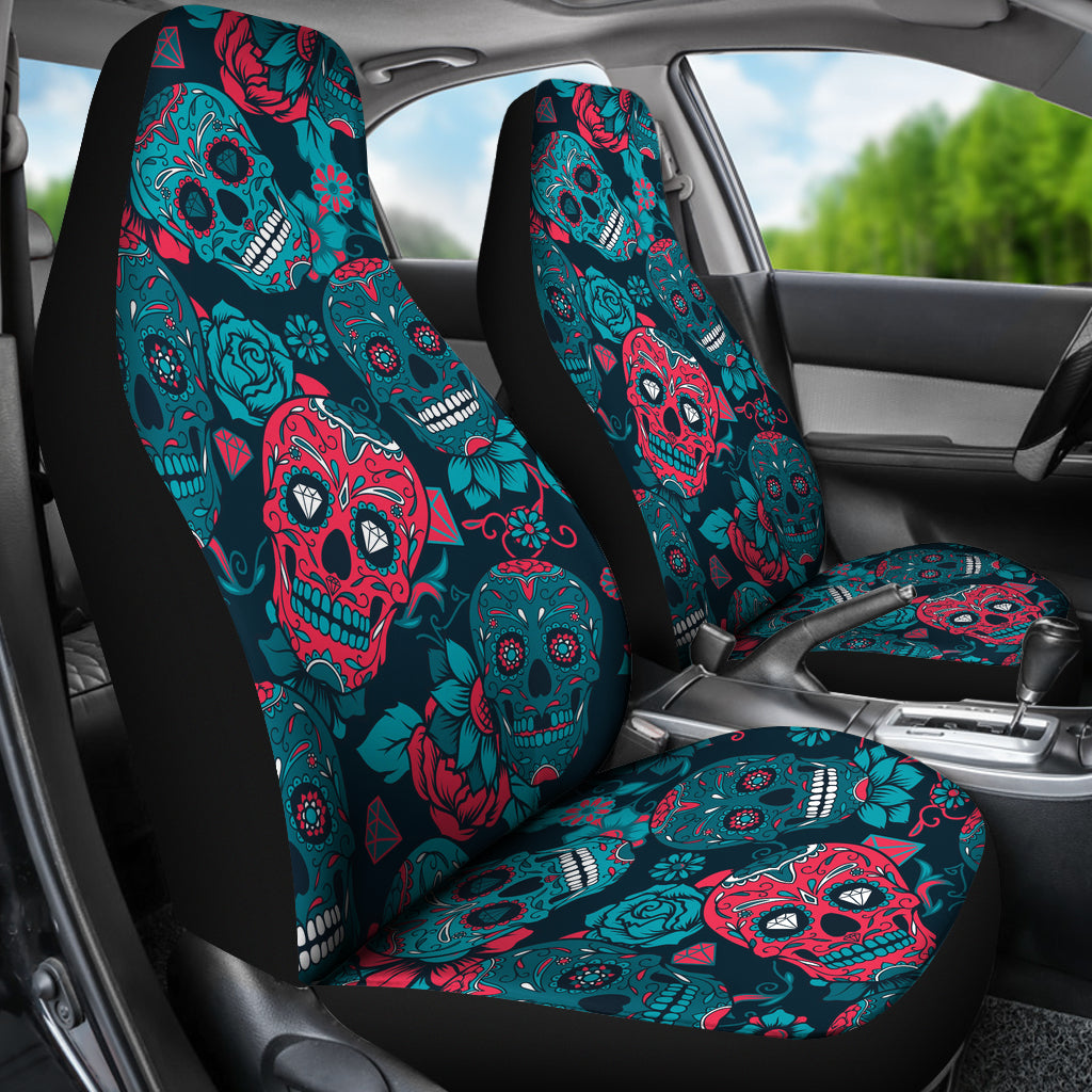 Pink And Teal Sugar Skull Universal Fit Car Seat Covers