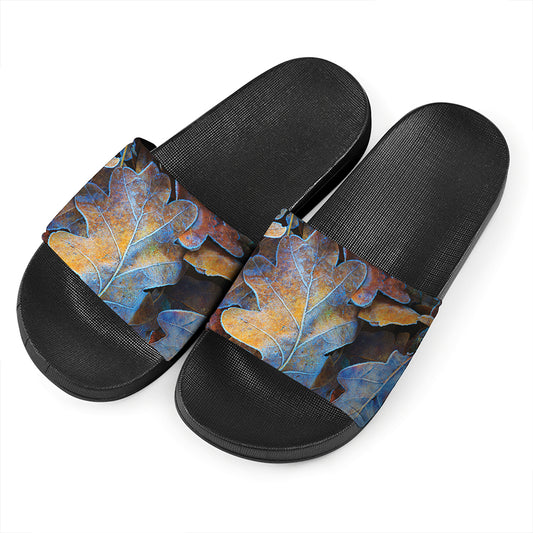 Frozen Oak leaf Print Black Slide Sandals