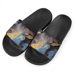 Frozen Oak leaf Print Black Slide Sandals