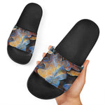 Frozen Oak leaf Print Black Slide Sandals