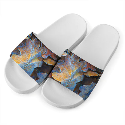 Frozen Oak leaf Print White Slide Sandals