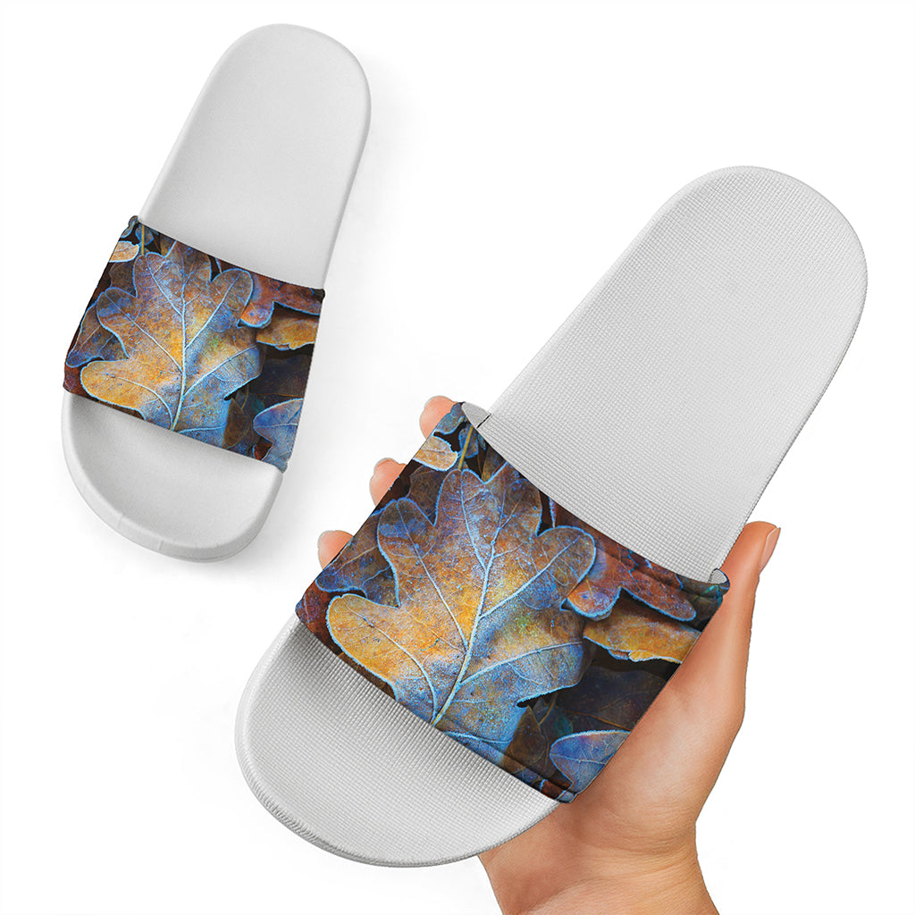 Frozen Oak leaf Print White Slide Sandals