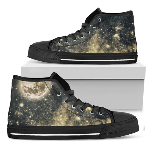Full Moon And Night Stars Print Black High Top Shoes