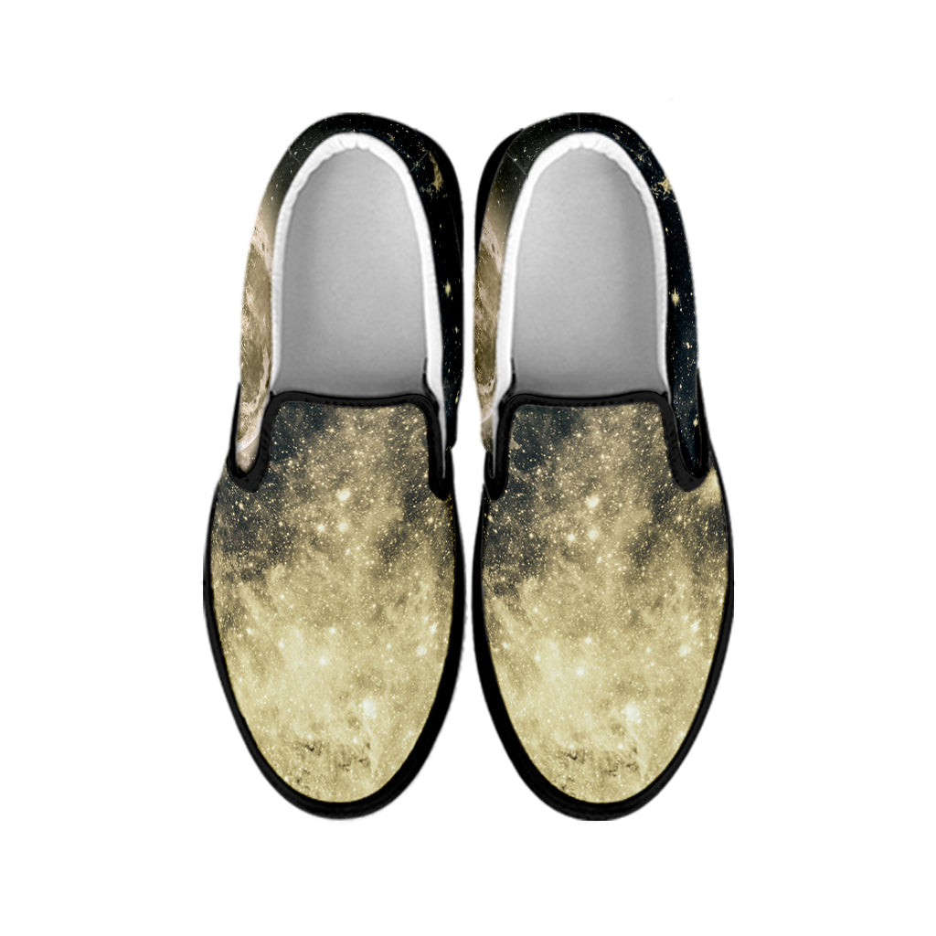 Full Moon And Night Stars Print Black Slip On Shoes