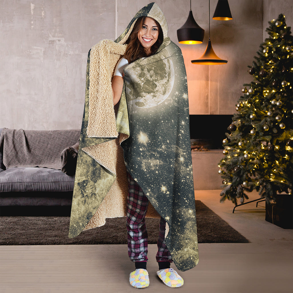 Full Moon And Night Stars Print Hooded Blanket
