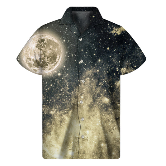 Full Moon And Night Stars Print Men's Short Sleeve Shirt
