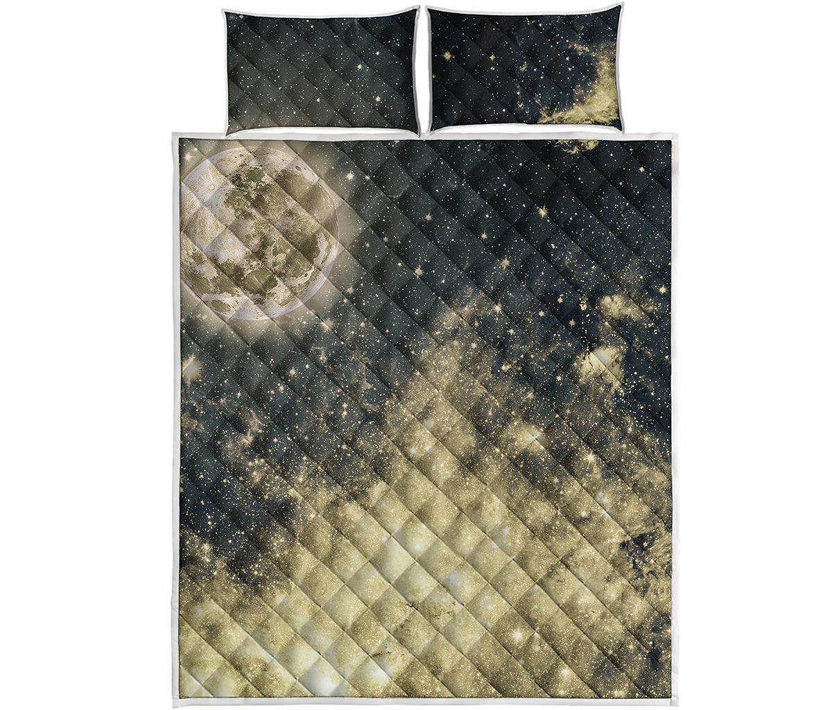 Full Moon And Night Stars Print Quilt Bed Set