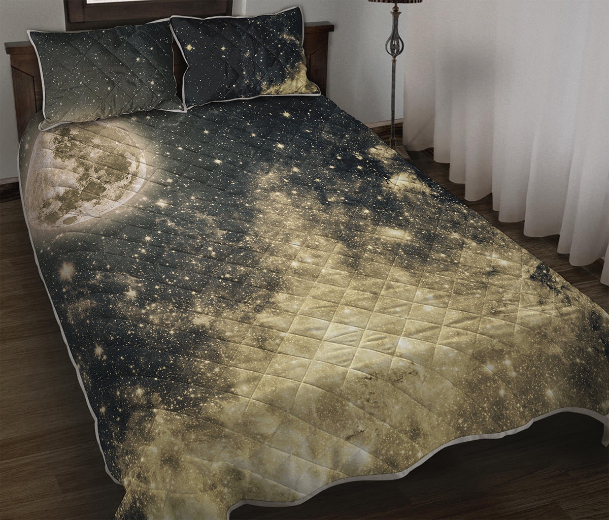 Full Moon And Night Stars Print Quilt Bed Set