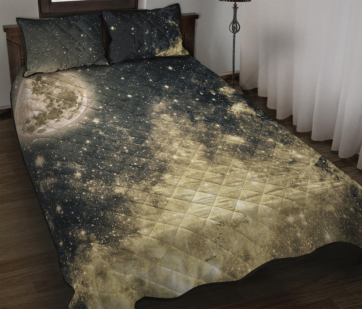 Full Moon And Night Stars Print Quilt Bed Set