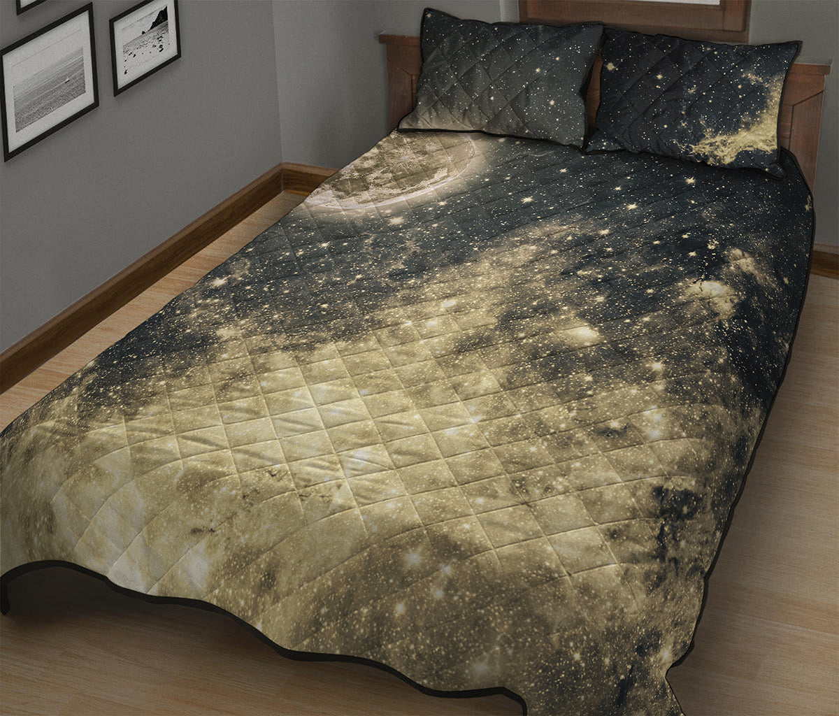 Full Moon And Night Stars Print Quilt Bed Set
