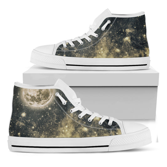 Full Moon And Night Stars Print White High Top Shoes