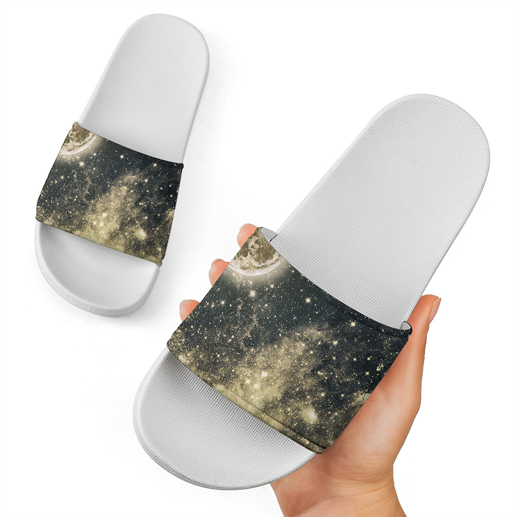Full Moon And Night Stars Print White Slide Sandals