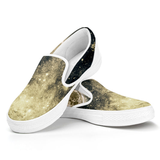 Full Moon And Night Stars Print White Slip On Shoes