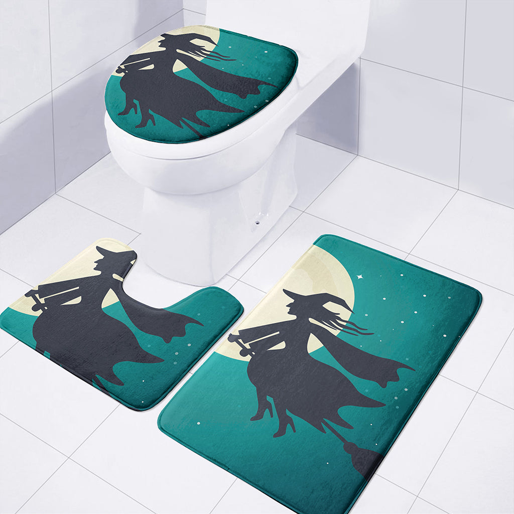 Full Moon Halloween Flying Witch Print 3 Piece Bath Mat Set
