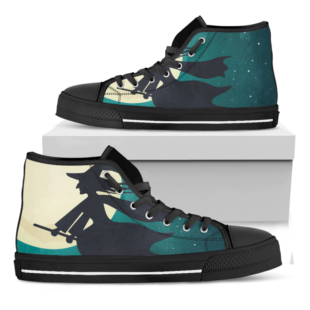Full Moon Halloween Flying Witch Print Black High Top Shoes