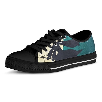 Full Moon Halloween Flying Witch Print Black Low Top Shoes 