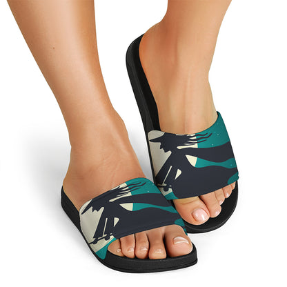 Full Moon Halloween Flying Witch Print Black Slide Sandals