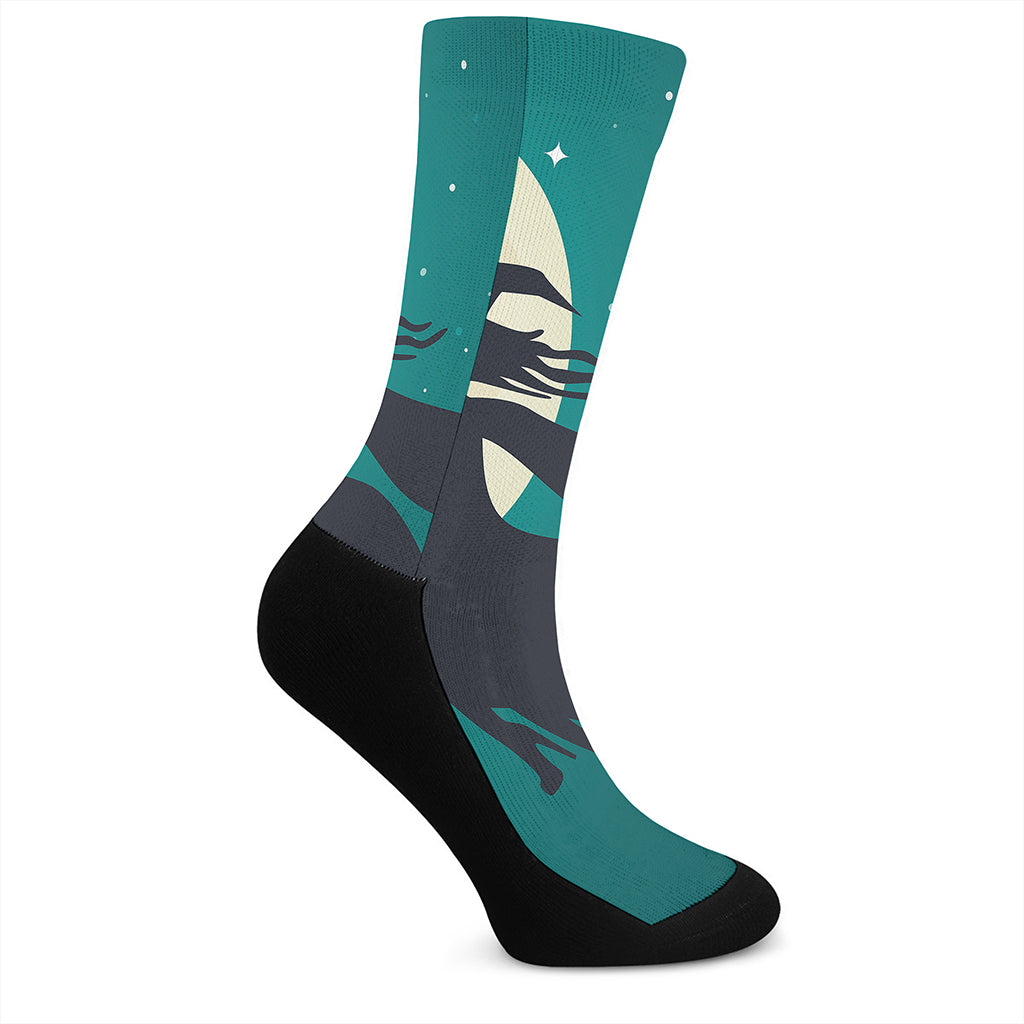 Full Moon Halloween Flying Witch Print Crew Socks